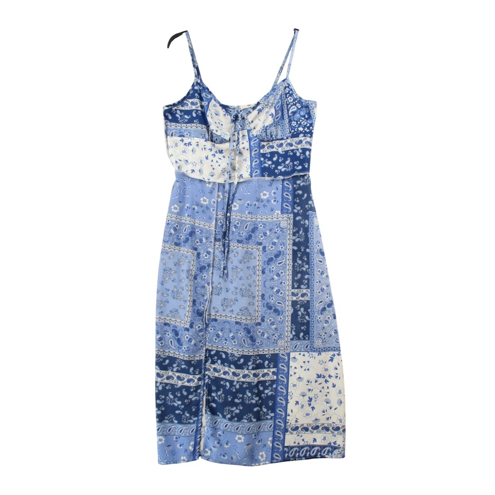 SHEIN Blue White Patchwork Paisley Print Midi Dress Tie Front Slit Large
